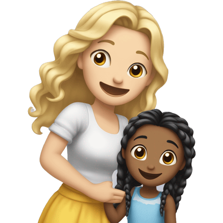 An emoji of a blonde mother with very long hair and a cheerful expression, standing next to her 3-year-old daughter, a small girl with black hair styled in two braids, both smiling happily together emoji