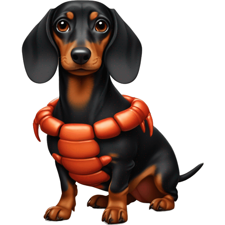 black and tan dachshund wearing a lobster costume emoji