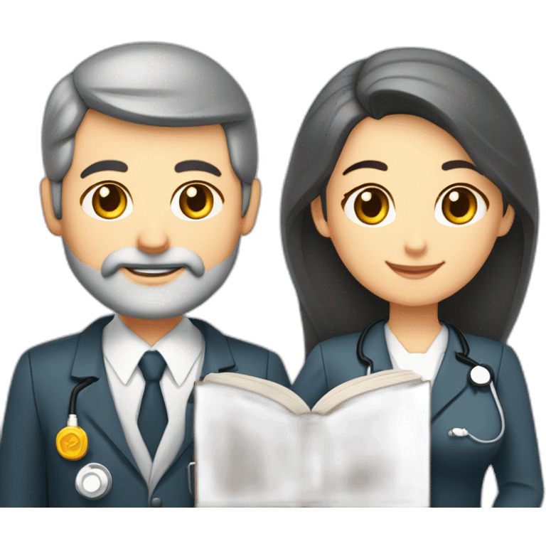 husband executive caucasian middle age dark gray hair trimmed beard business suit and open bible, with wife asian age 55 dark hair nurse uniform nurse cap emoji