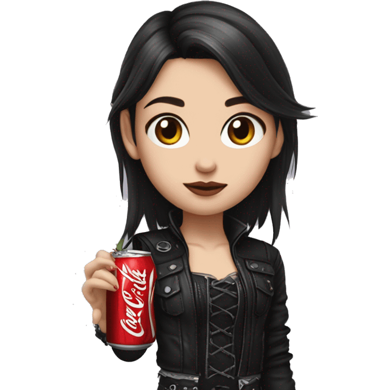 young metalhead brunette girl wearing gothic clothes and coca cola on her hand emoji