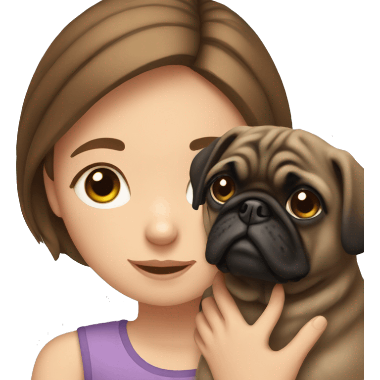 Girl with brown hair petting her pug emoji