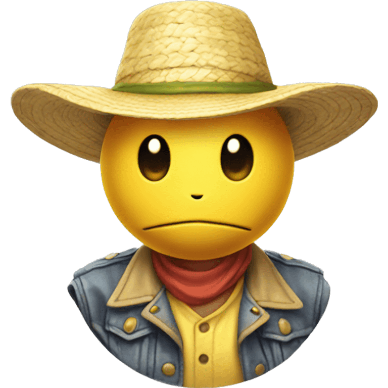 yellow sphere head of pokemon character wearing strawhat emoji