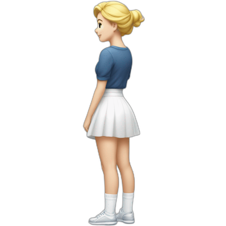 full body back view curvy caucasian beauty in small skirt lifted by the wind butt white socks emoji