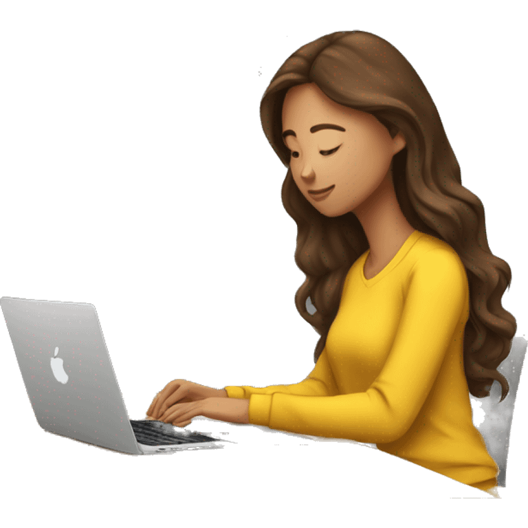 software engineer female with apple laptop in front of her, facing the right side while looking at her laptop. very long wavy brown hair, brown eyes, tan skin, yellow sweatshirt, no glasses emoji