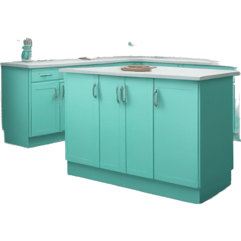 Realistic front facing tiffany blue kitchen counter and cabinet. emoji