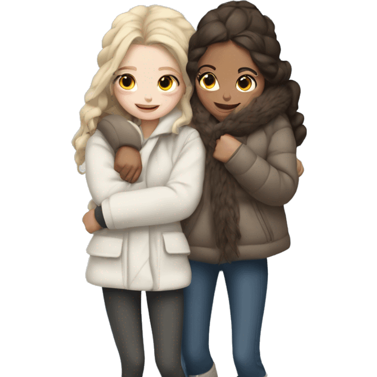 Three girls hugging - all with pale skin, two with dark blonde hair and one with dark brown hair. Girls are in white oversized winter jackets and standing full length. emoji