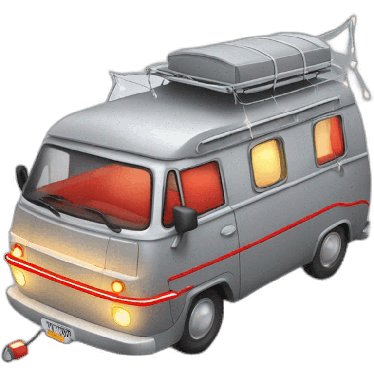 Grey camping car with red Line in the middle an fairy lights emoji