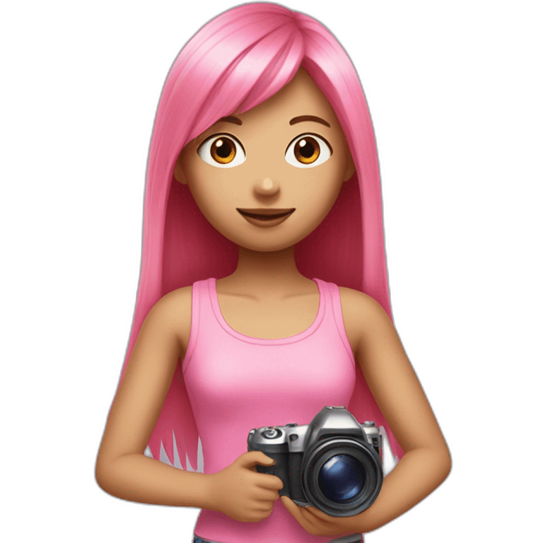 girl with long, straight rose hair with fringe and holding camera and paint brush and wearing pink tank top emoji