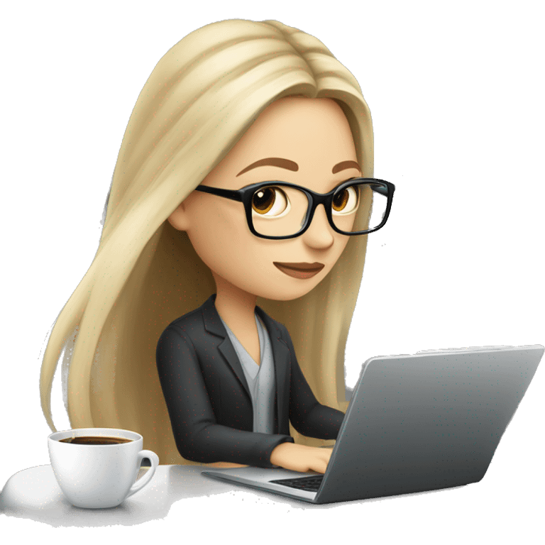 a long haired blond girl with black thick glasses using a laptop, drinking coffee and a grey cat emoji