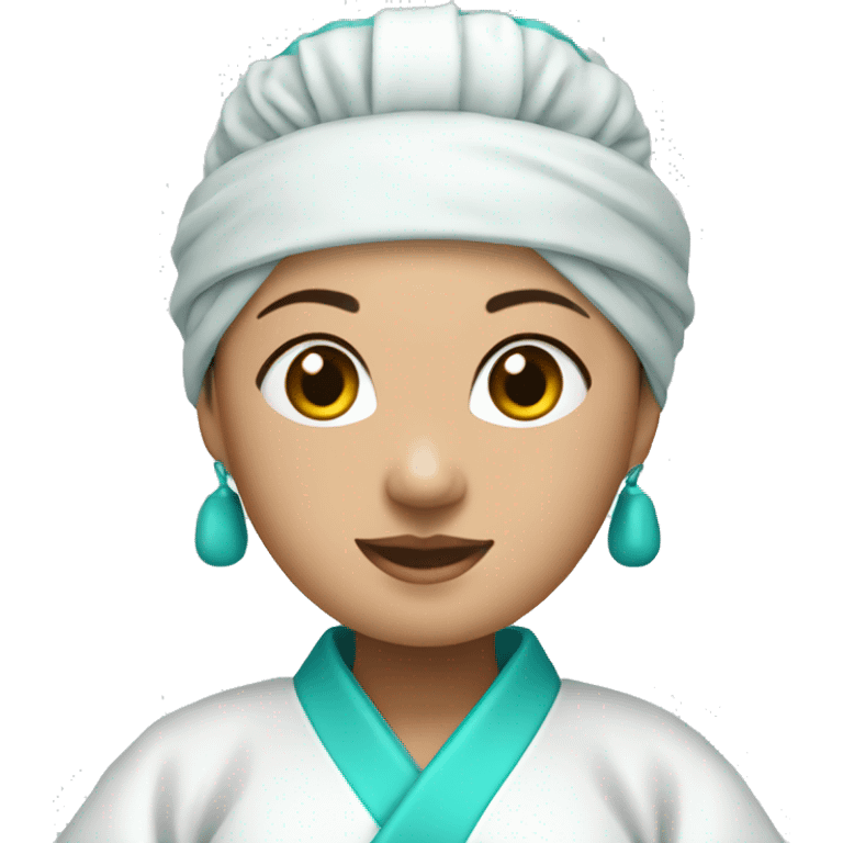 A Chinese woman wearing a white kimono, turquoise rope belt, and turquoise turban. emoji