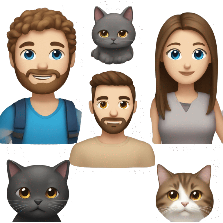 Woman with brown hair and blue eyes, man with brown hair, beard, and brown eyes holding a gray cat emoji