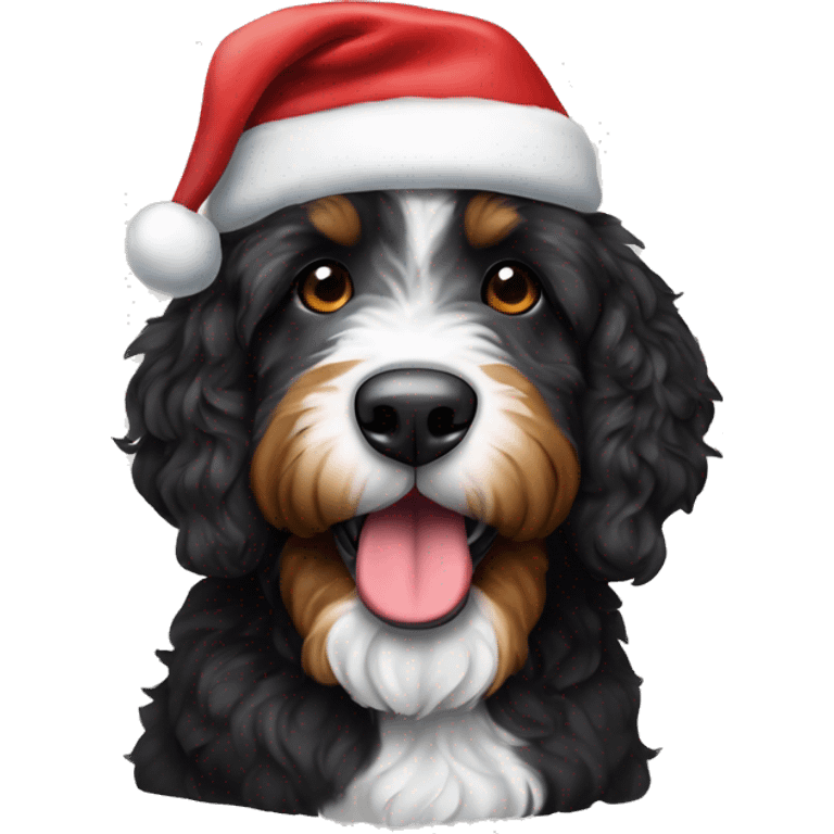 Bernedoodle Brindle dog wearing a Santa hat emoji