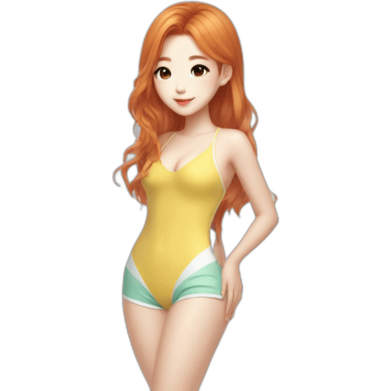 asian chinese girl, beach suit, kpop idol, full body, trendy hairstyle, ginger hair, pretty girl  emoji