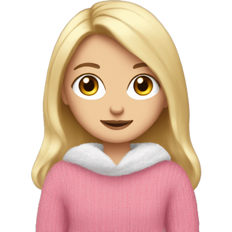 Pretty white girl with pink sweater reading cozy emoji