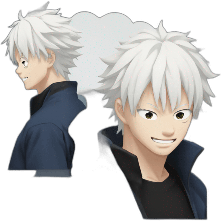 gojo satoru smiling from jujutsu kaisen with white hair, blue sky eyes, wear a black tshirt emoji