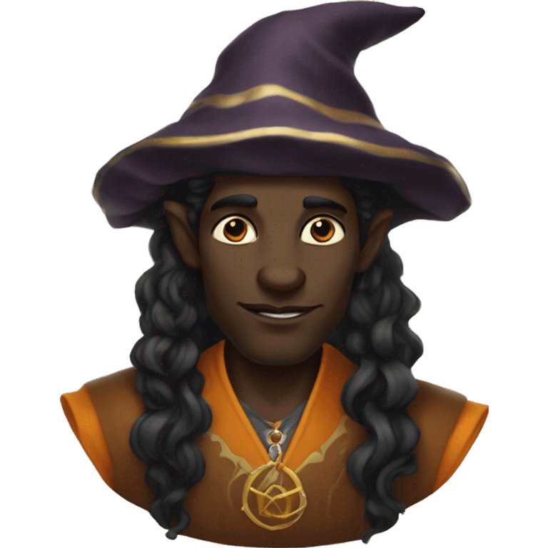  A black male high elf that is a witch fortune teller that has large, pointed ears with long black curly hair past his back emoji