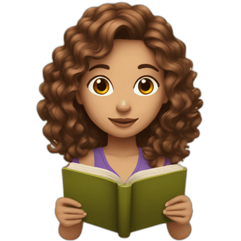 Girl with brown wavy hair and à book emoji