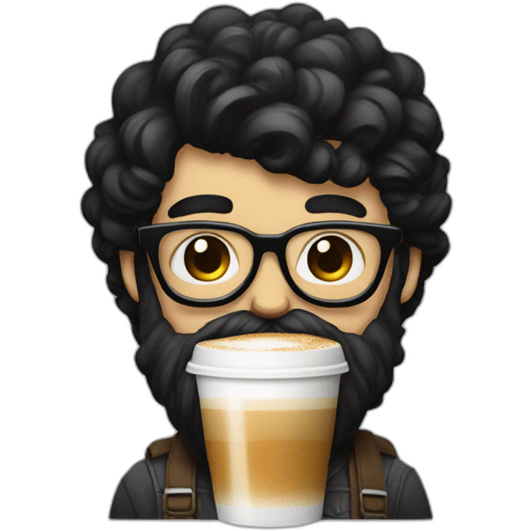 Hipster with black hair, beard and glasses drinking cappuccino   emoji