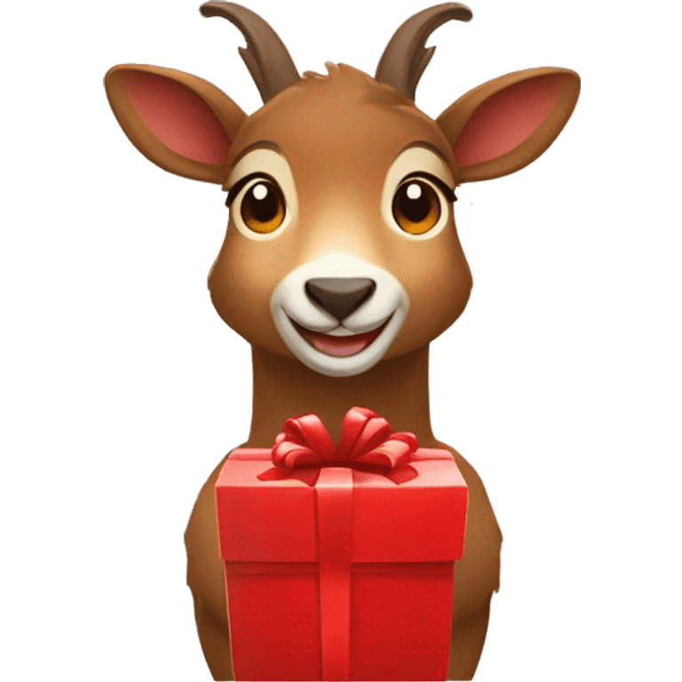 happy smiling brown chamois holding red gift emoji