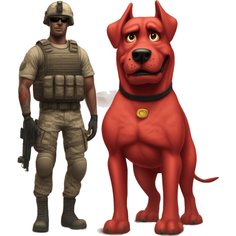 Desert storm humanoid Clifford the big red dog muscled with tattoos on arms book illustration as a military call of duty character standing alone with submachine  emoji