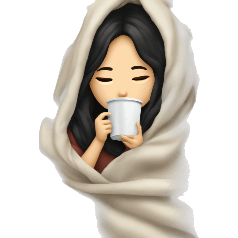 Asian girl inside a blanket sipping coffee eyes closed black hair emoji