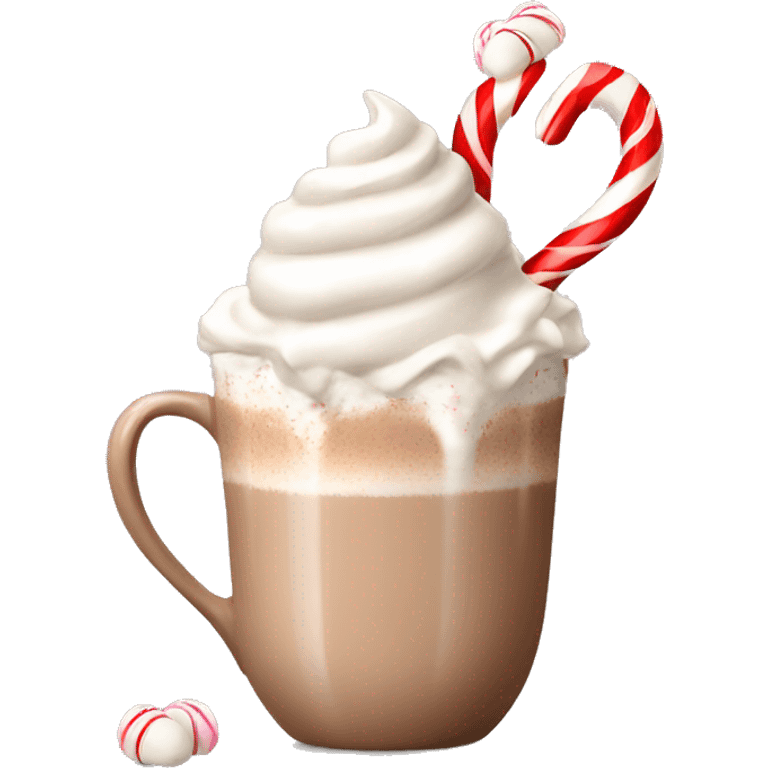 beige hot chocolate with marshmallows and whipped cream and candy cane emoji