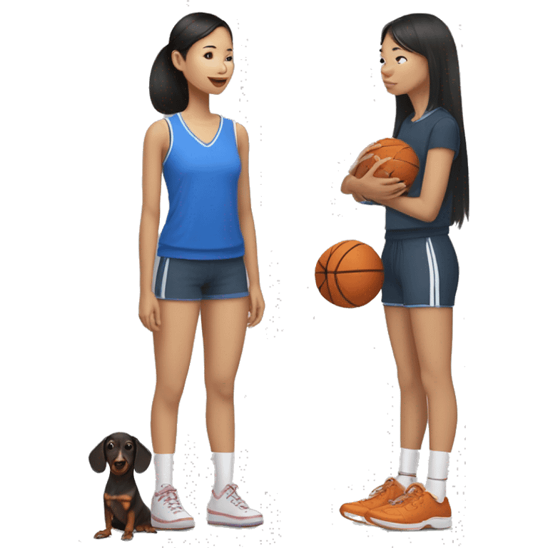 Short asian girl in basketball shorts and crocs with a dachsund emoji