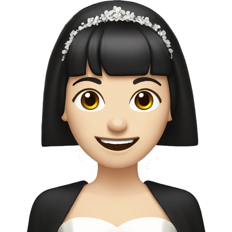 bride with very pale skin dark brown straight short hair black dress and bangs laughing with veil emoji