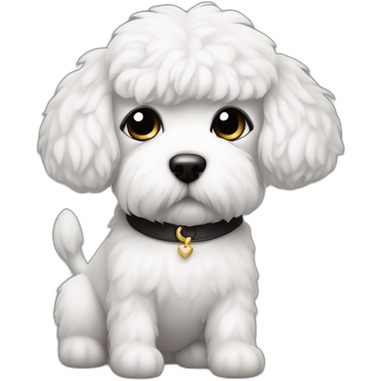 mujer piel blanca con moño negro con perro bichon blanco emoji