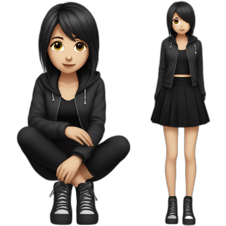 full body Front view emo girl sits on the floor black skirt emoji