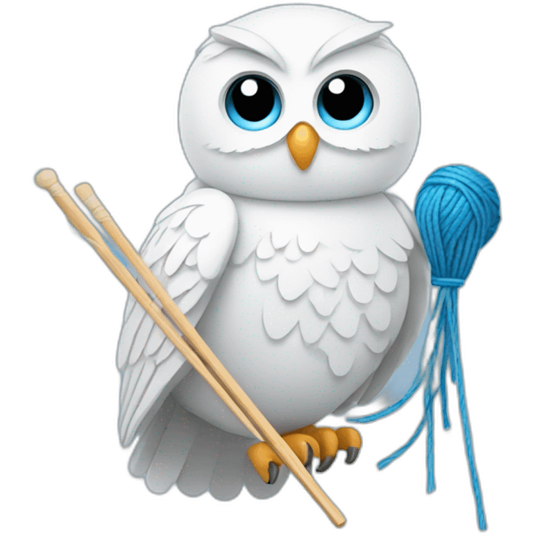 White Owl holding blue yarn ball and knitting needles emoji