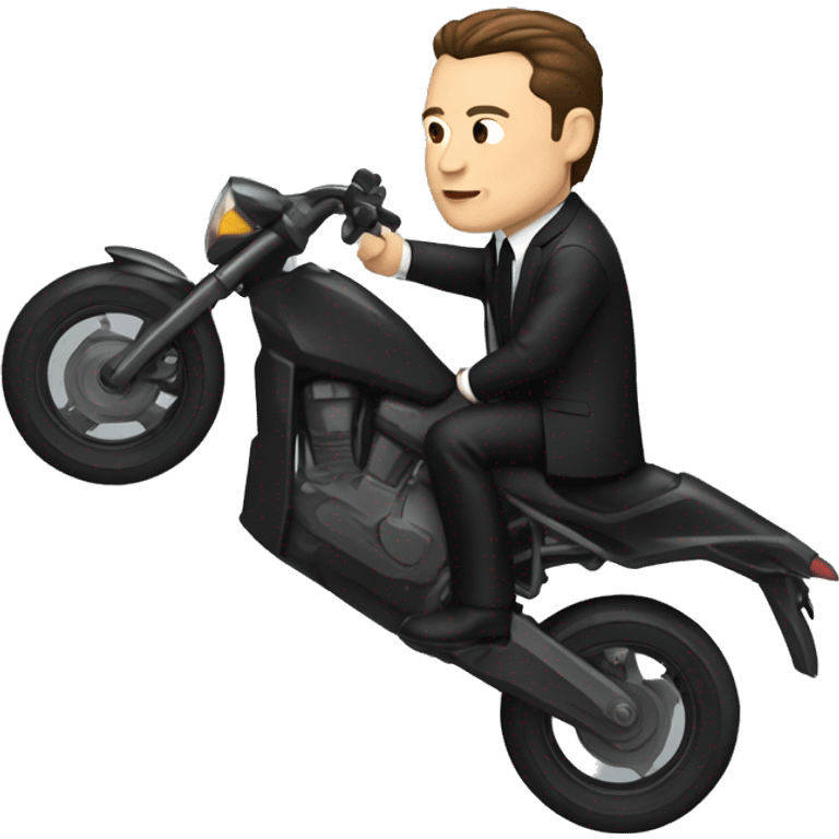 Create an iOS emoji of Elon Musk dressed in a black suit, riding a motorcycle. The character should resemble an action hero style, with a determined expression. Use a clean, minimalistic design to keep it simple and icon-like. emoji