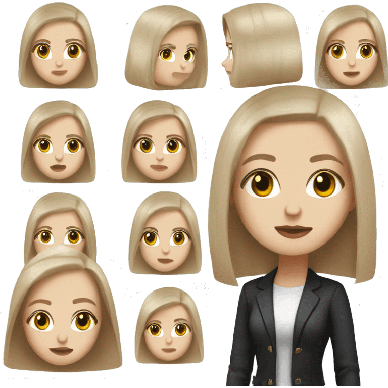 Slavic woman with blue eyes, fair skin, straight brown hair with blonde streaks medium bob, goth eyes makeup, beige lips, dressed in white T-shirt and office black jacket. emoji