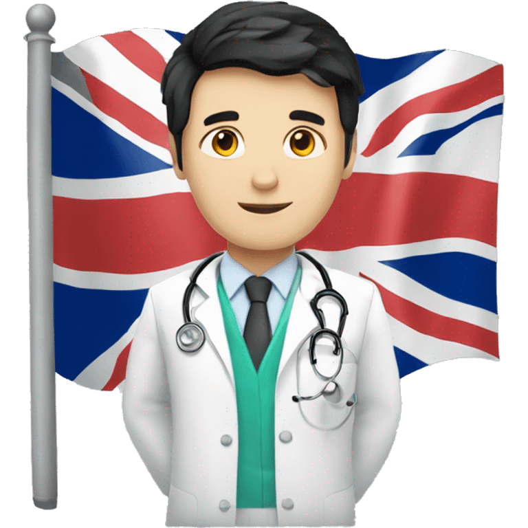 white male doctor with black hair holding the united kingdom flag emoji