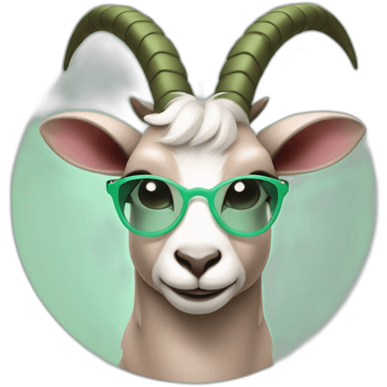 a sexy goat with mint green round glasses and a green dress with a black heart on it and rosy cheeks, and brownish-pink horns, and some ears that hang of the side emoji