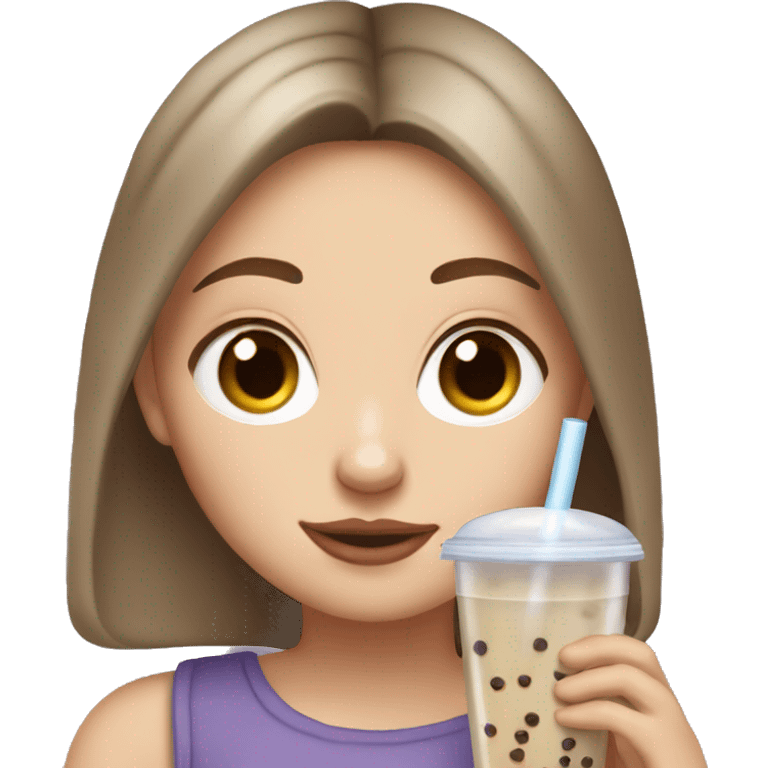 White girl with brown hair and brown eyes drinking bubble tea emoji