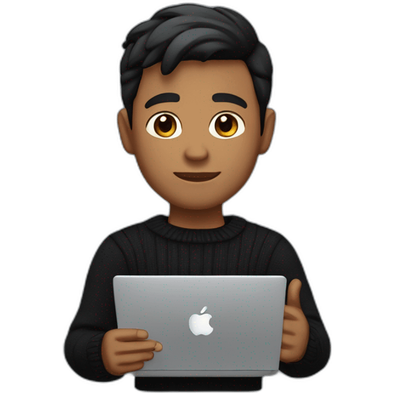     memoji of a man with a laptop in front, apple-style,modern,dark hair,black sweater,computer in hand, srilankan brown skin, an avatar image gonna be round  emoji