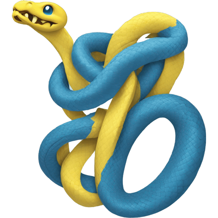 in a t-shirt a blue python tangled with a yellow python evoking the python programming language logo emoji