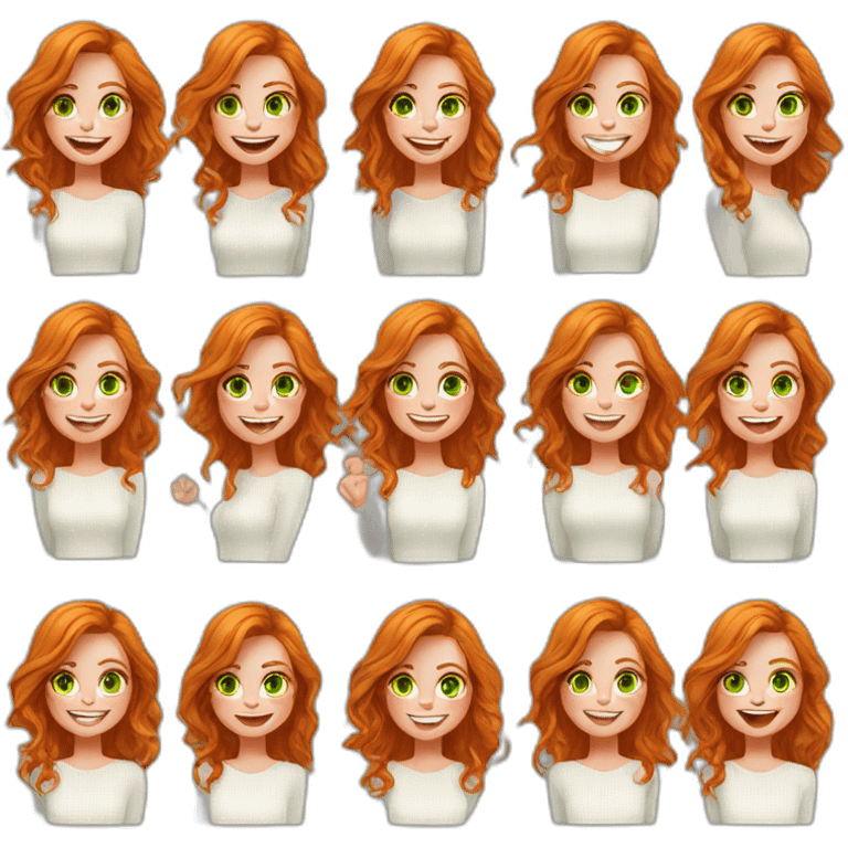 beautiful girl, white, with orange/ginger long loose wavy hair, green eyes, smiling, good teeth, white sweater, she laughs and waves her hand, realistic drawing emoji