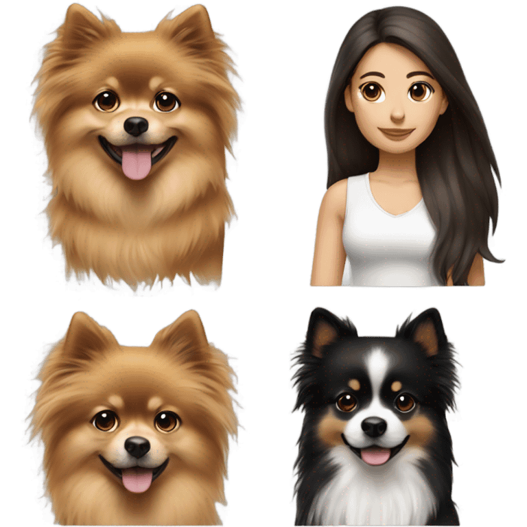 Brunette girl and  two Pomeranian dogs that have black and white color emoji