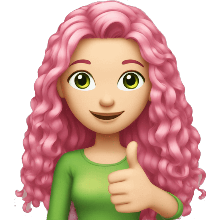 light-skinned green-eyed girl with long pink hair shows thumbs up emoji