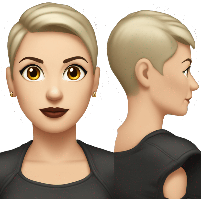 white woman in her forties brown eyes shaved hair on one side black short hair on other side upturned nose black tanker tattoo on the shoulders emoji