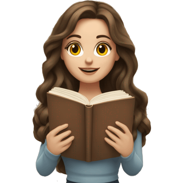 white woman brunette long wavy hair highlights woman while holding large stack of books emoji