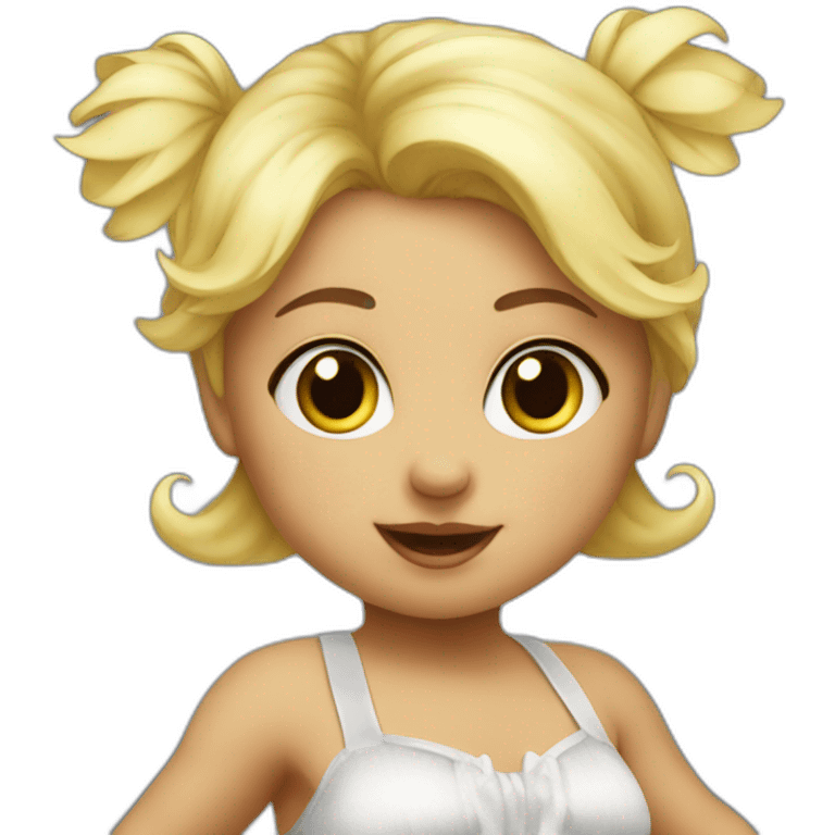 little blonde baby girl in a bird costume dancing emoji