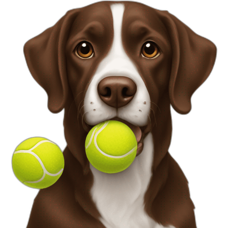 A chocolate colored doodle dog juggling three tennis balls emoji