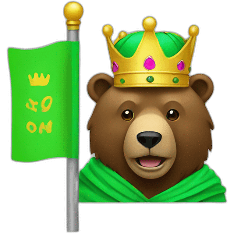 a brown bear with a crown holding a neon green flag emoji