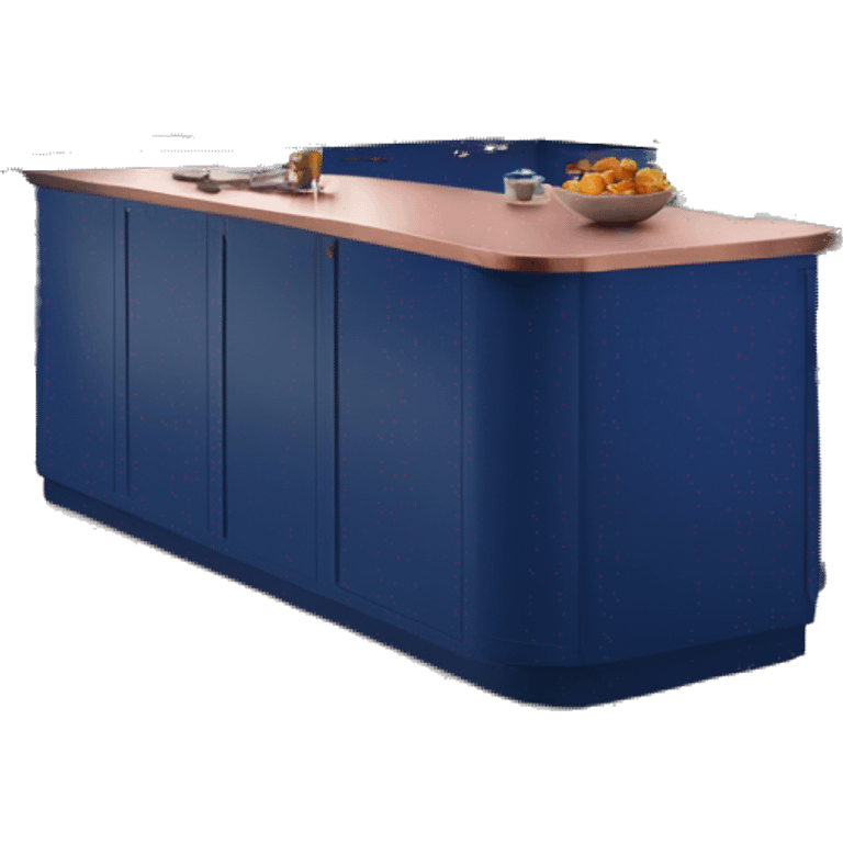 Realistic front facing rose gold and cobalt blue kitchen with counter and island bar. emoji