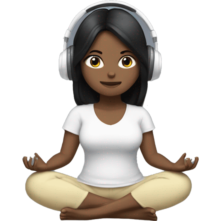 White girl with black hair meditating with headphones one emoji