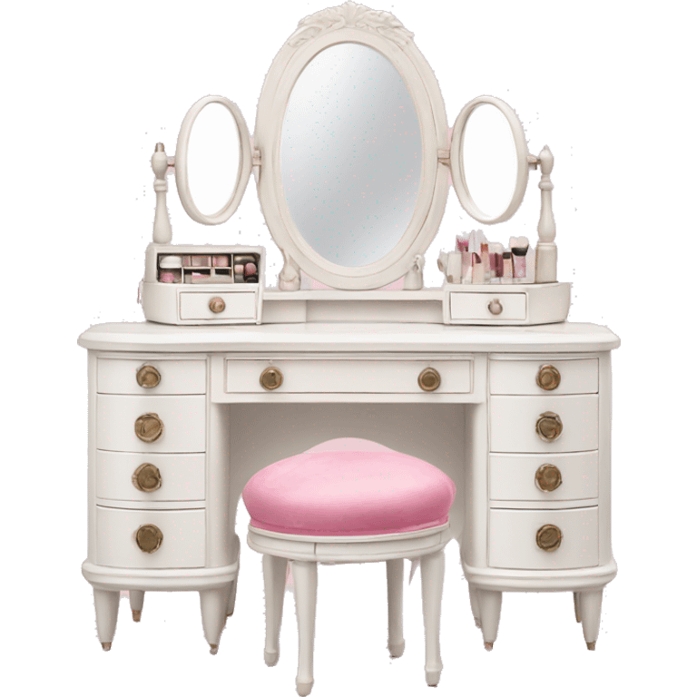 white vintage makeup vanity with pink accessories emoji