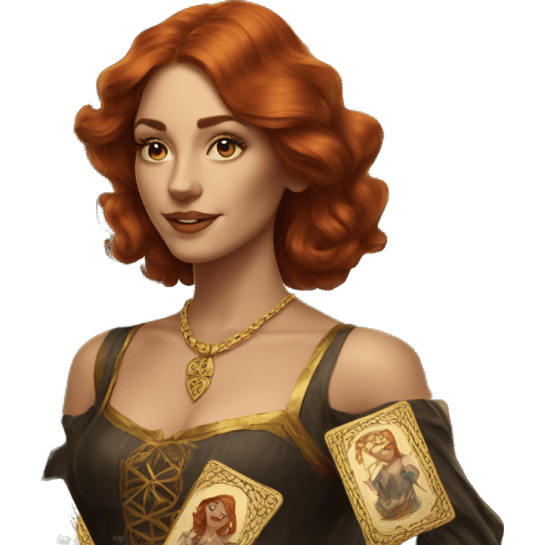 auburn hair beautiful girl with tarot gold cards emoji